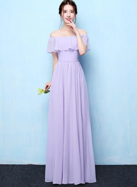 Light Purple Chiffon Off Shoulder Long Bridesmaid Dress, Elegant Party Dress Tunics Designer luxury Light Purple Chiffon Off Shoulder Long Bridesmaid Dress, Elegant Party Dress Tunics Designer luxury