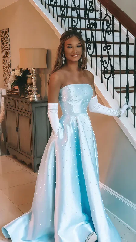 Beautiful Strapless Light Blue Pearl Beaded Birthday Party Dress,Formal Prom Evening Dress Y8120 Tunics Evening elegant Beautiful Strapless Light Blue Pearl Beaded Birthday Party Dress,Formal Prom Evening Dress Y8120 Tunics Evening elegant