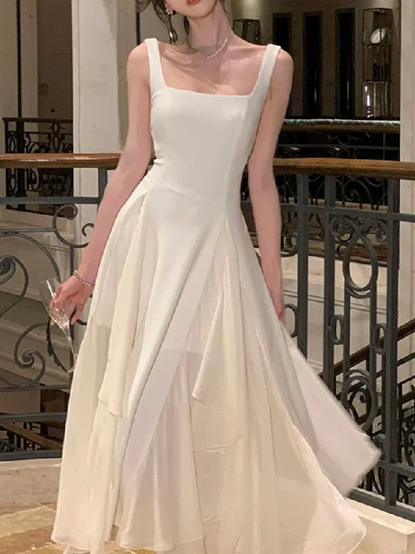 New French White Strap Skirt Elegant Square Neck Evening Dresses Fashion Party Dress Y4486 Crew Neckline Sporty New French White Strap Skirt Elegant Square Neck Evening Dresses Fashion Party Dress Y4486 Crew Neckline Sporty