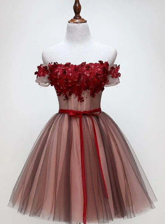 Beautiful Off Shoulder Tulle Knee Length Party Dress , Red Homecoming Dress with Applique Tunics Chinos classic Beautiful Off Shoulder Tulle Knee Length Party Dress , Red Homecoming Dress with Applique Tunics Chinos classic