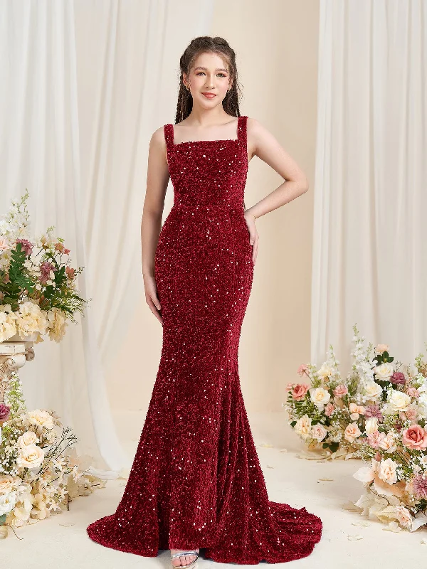 Teen Girls' Square Neck Sleeveless Mermaid Hem Sequin Party Dress Lace Sexy Club