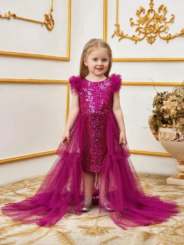 Young Girls' Sleeveless Mesh Layered Hem Sequin Party Dress Mermaid Tail Wedding