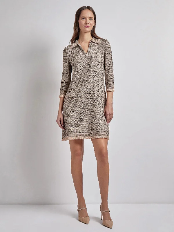 Fringe Trim Intarsia Knit Shift Dress Tunics Stylish elegant