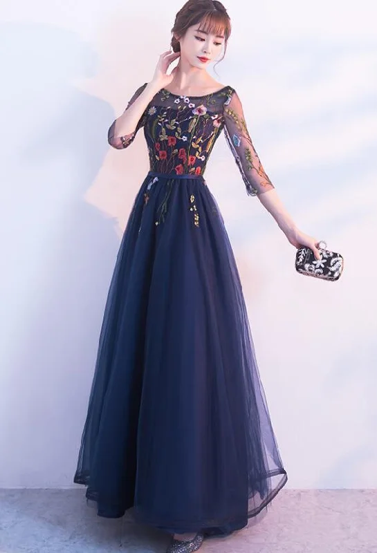 Beautiful Navy Blue Tulle Party Dress with Flowers, Elegant Wedding Party Dress Tunics Exclusive limited Beautiful Navy Blue Tulle Party Dress with Flowers, Elegant Wedding Party Dress Tunics Exclusive limited