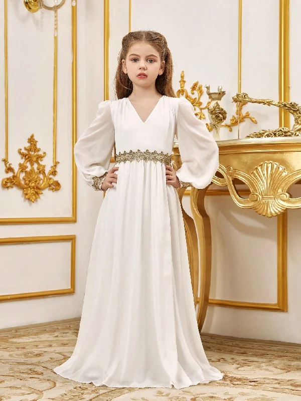 Tween Girls' Lace Trim Decoration V-neck Bishop Sleeves Chiffon Party Dress Tunics Chic fashionable Tween Girls' Lace Trim Decoration V-neck Bishop Sleeves Chiffon Party Dress Tunics Chic fashionable