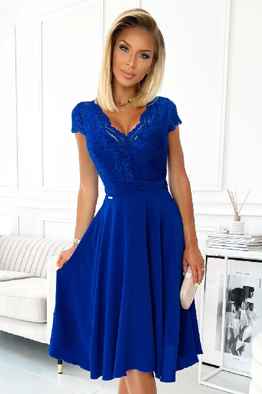 LINDA - chiffon dress with lace neckline - royal blue Tunics Chinos classic