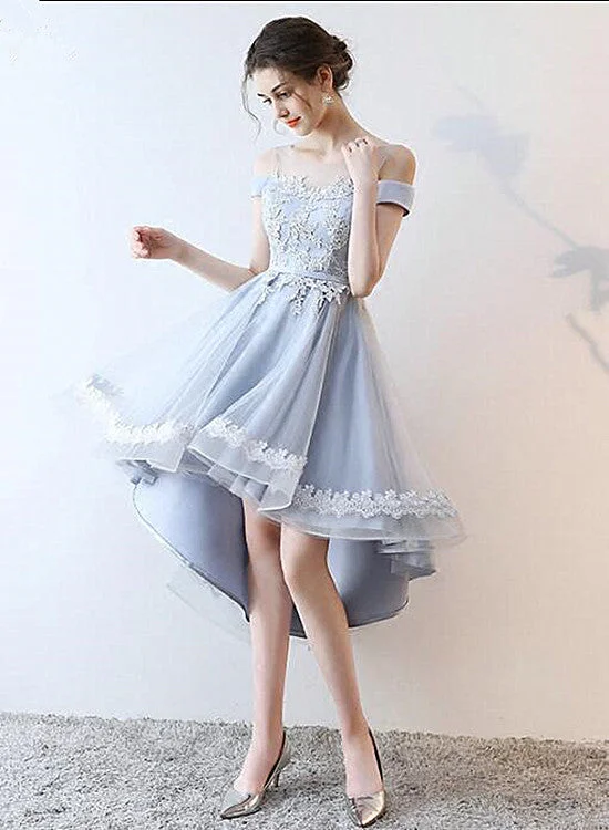 Beautiful Light Grey Tulle Off Shoulder High Low Lace Party Dress, Grey Homecoming Dress Tunics Satin smooth Beautiful Light Grey Tulle Off Shoulder High Low Lace Party Dress, Grey Homecoming Dress Tunics Satin smooth