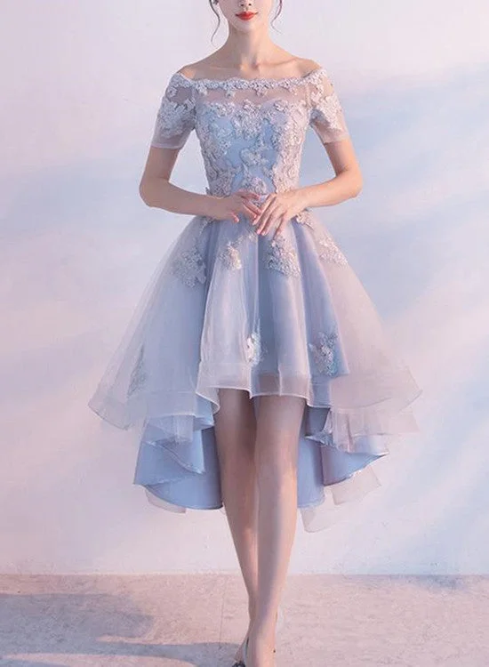 Grey High Low Lace Applique Round Neckline Prom Dresses, Homecoming Dresses, Lace-up Party Dresses Tunics Yoga stretchy Grey High Low Lace Applique Round Neckline Prom Dresses, Homecoming Dresses, Lace-up Party Dresses Tunics Yoga stretchy