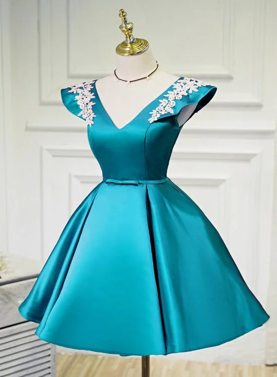 Teal Blue Satin Short Party Dress with White Lace, Blue Homecoming Dress Prom Dress Shift Classic Vintage Teal Blue Satin Short Party Dress with White Lace, Blue Homecoming Dress Prom Dress Shift Classic Vintage