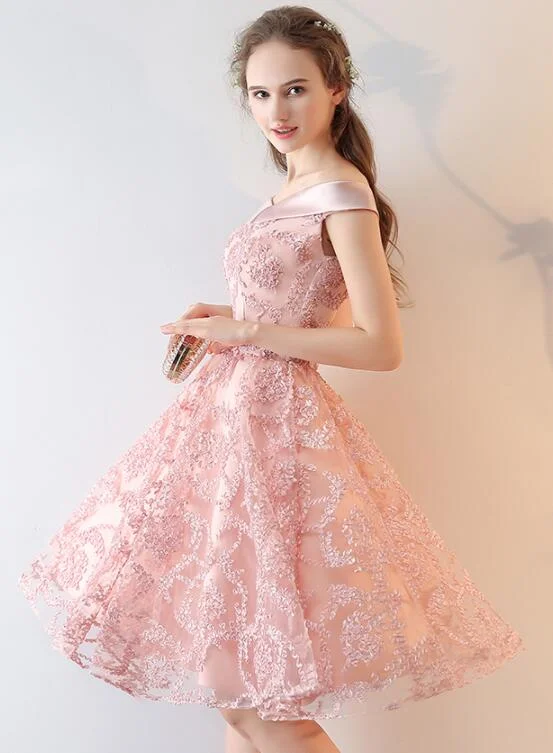 Pink Lace Off Shoulder Short Party Dress Homecoming Dress, Pink Prom Dress Formal Dress Cowl Neckline Elegant Pink Lace Off Shoulder Short Party Dress Homecoming Dress, Pink Prom Dress Formal Dress Cowl Neckline Elegant