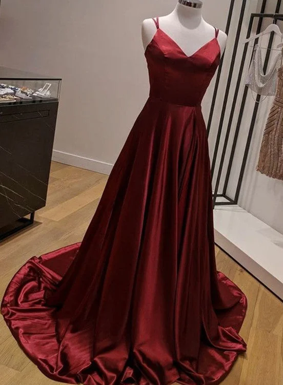 Wine Red Simple Straps Long V-neckline Party Dress, A-line Satin Evening Dress Prom Dress Tunics Solid Classic Wine Red Simple Straps Long V-neckline Party Dress, A-line Satin Evening Dress Prom Dress Tunics Solid Classic