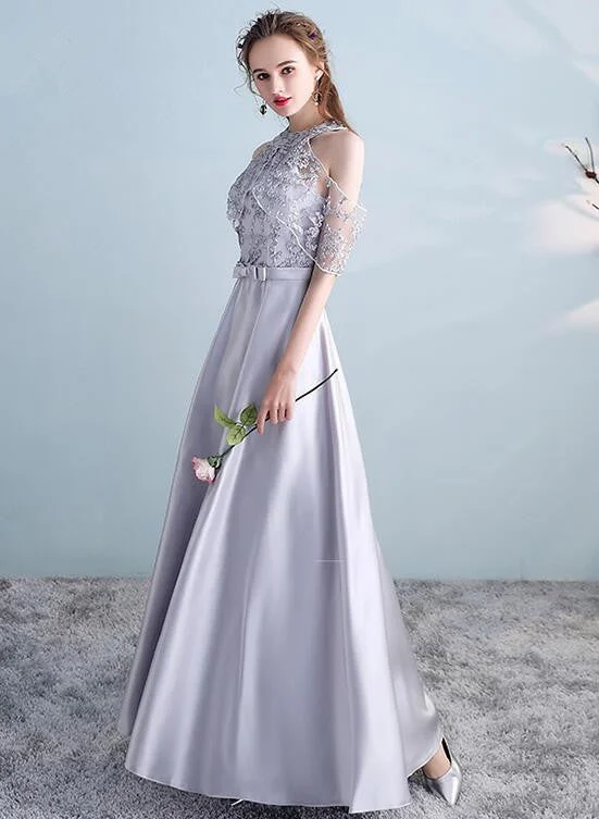 Sliver Grey Satin and Lace A-line Wedding Party Dresses, Cute Long Formal Dress Prom Dress Halter Neckline Beach Sliver Grey Satin and Lace A-line Wedding Party Dresses, Cute Long Formal Dress Prom Dress Halter Neckline Beach