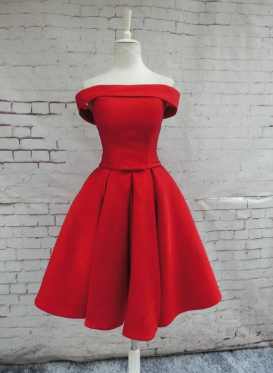 Red Satin Homecoming Dresses, Off Shoulder Party Dress, Knee Length Prom Dress Chiffon Maxi Beach Red Satin Homecoming Dresses, Off Shoulder Party Dress, Knee Length Prom Dress Chiffon Maxi Beach