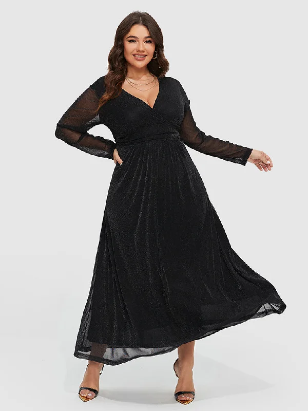 Contrast Mesh Sleeve Elastic Waist Gillter Dress Tunics Seasonal trendy