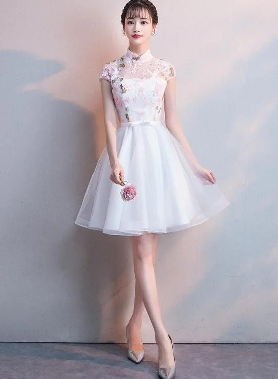 White Lace and Tulle High Neckline Short Graduation Dresses, Lovely White Short Party Dresses Boat Neckline Classic White Lace and Tulle High Neckline Short Graduation Dresses, Lovely White Short Party Dresses Boat Neckline Classic