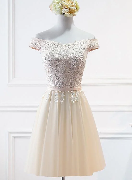 Champagne Lace Applique Off Shoulder Tulle Party Dress Homecoming Dress, Tulle Short Prom Dress Crew Neckline Casual Champagne Lace Applique Off Shoulder Tulle Party Dress Homecoming Dress, Tulle Short Prom Dress Crew Neckline Casual