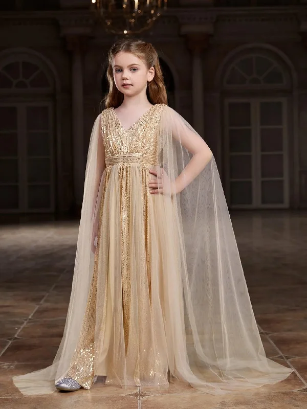 Tween Girls' Contrast Mesh Cape Sleeves Sequin Party Dress Tunics Bestseller popular