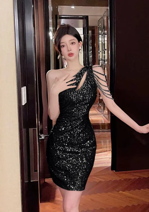 Stunning Asymmetric Black Sparkly Dress with Shoulder Chains Floral Print girly