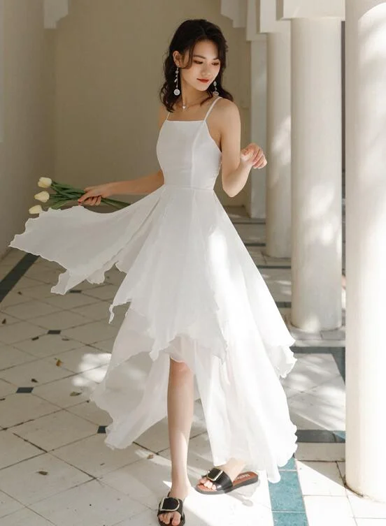 White Chiffon High Low Chic Simple Wedding Party Dress, White Short Prom Dress Graduation Dress Tunics Plaid country White Chiffon High Low Chic Simple Wedding Party Dress, White Short Prom Dress Graduation Dress Tunics Plaid country