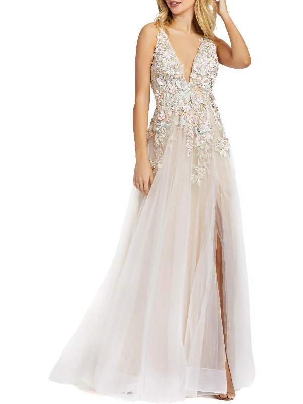 Womens Floral Applique Evening Dress Tunics Long Elegant