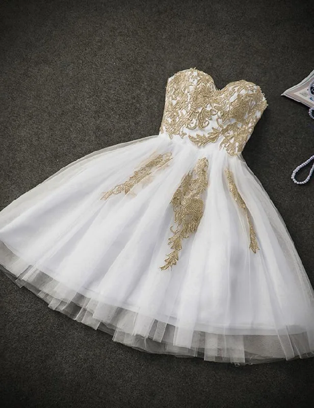 Cute White Tulle Party Dress with Gold Applique, Prom Dresses, Short Prom Dresses Tunics Bridal satin