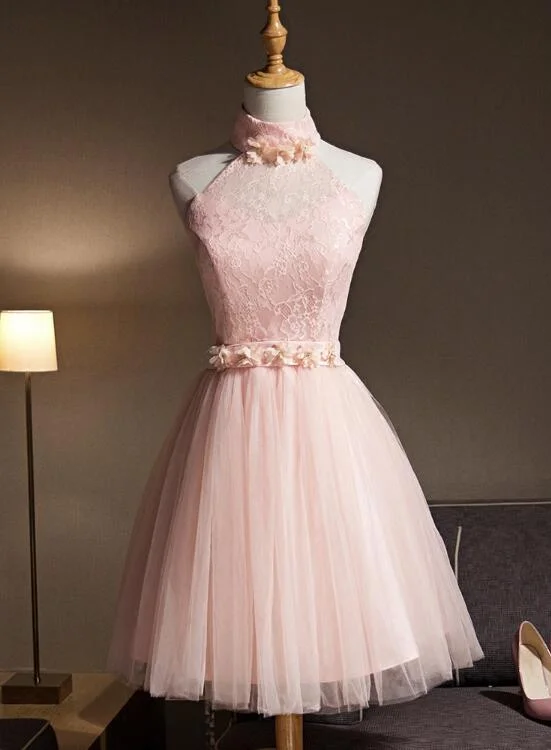 Light Pink Halter Tulle and Lace Lovely Knee Length Formal Dress, Cute Party Dress, Pink Prom Dresses Tunics Ceremony elegant Light Pink Halter Tulle and Lace Lovely Knee Length Formal Dress, Cute Party Dress, Pink Prom Dresses Tunics Ceremony elegant