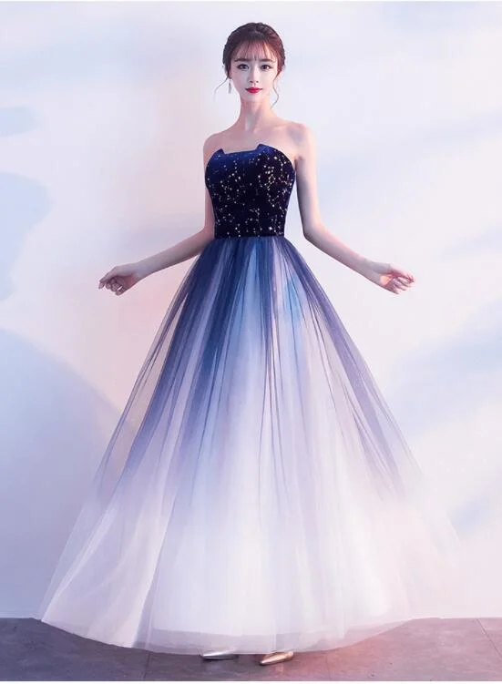 Blue Gradient Tulle Simple A-line Party Dress, Blue Gradient Formal Dress Evening Dress Tunics stripes playful Blue Gradient Tulle Simple A-line Party Dress, Blue Gradient Formal Dress Evening Dress Tunics stripes playful