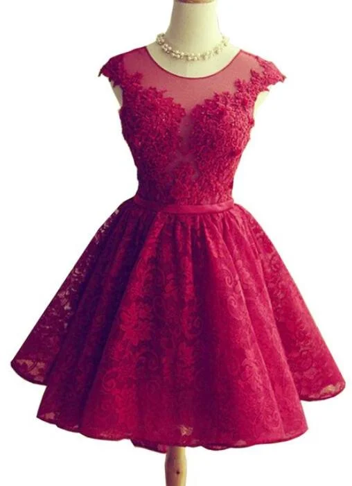 Wine Red Lace Knee Length Round Neckline Party Dress, Cute Homecoming Dresses Tunics Essential wardrobe Wine Red Lace Knee Length Round Neckline Party Dress, Cute Homecoming Dresses Tunics Essential wardrobe