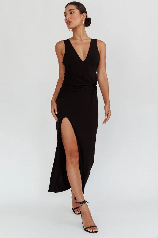 Eternal Waist Twist Split Dress Black Boat Neckline Classic