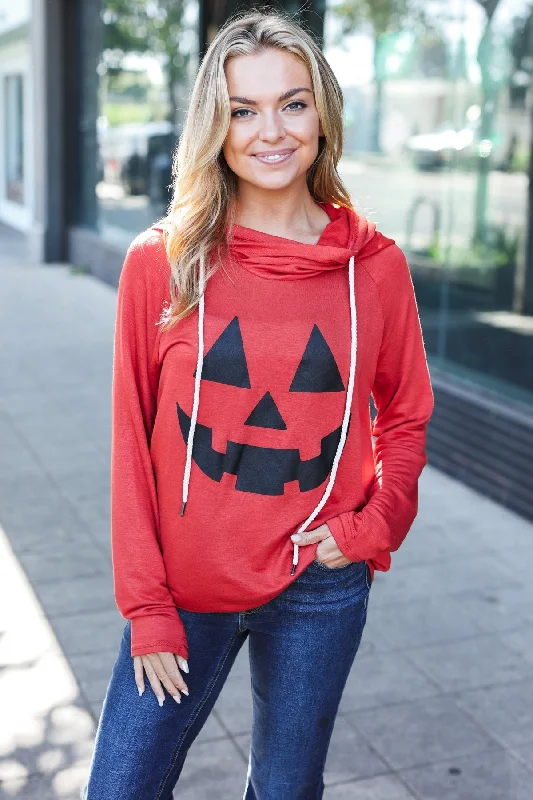 Orange Jack-O-Lantern French Terry Thumb Hole Double Hoodie Hoodie with Rhinestones Sparkly Elegant Orange Jack-O-Lantern French Terry Thumb Hole Double Hoodie Hoodie with Rhinestones Sparkly Elegant