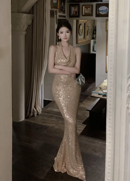 Glamorous Halter Neck Gold Sequin Mermaid Evening Dress Tunics Sophisticated sleek