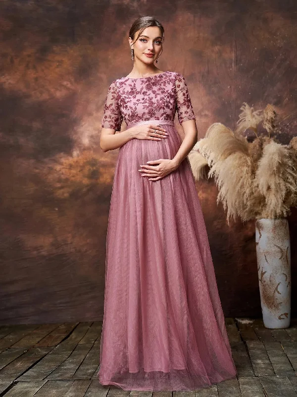 Maternity Floral Sequin Embroidered Bodice Formal Party Dress Tunics Gym athletic