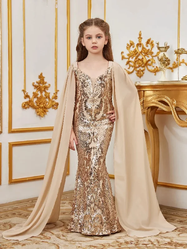 Tween Girls' Sweetheart Neck Cape Sleeves Sequin Mermaid Party Dress Shift Classic Vintage Tween Girls' Sweetheart Neck Cape Sleeves Sequin Mermaid Party Dress Shift Classic Vintage