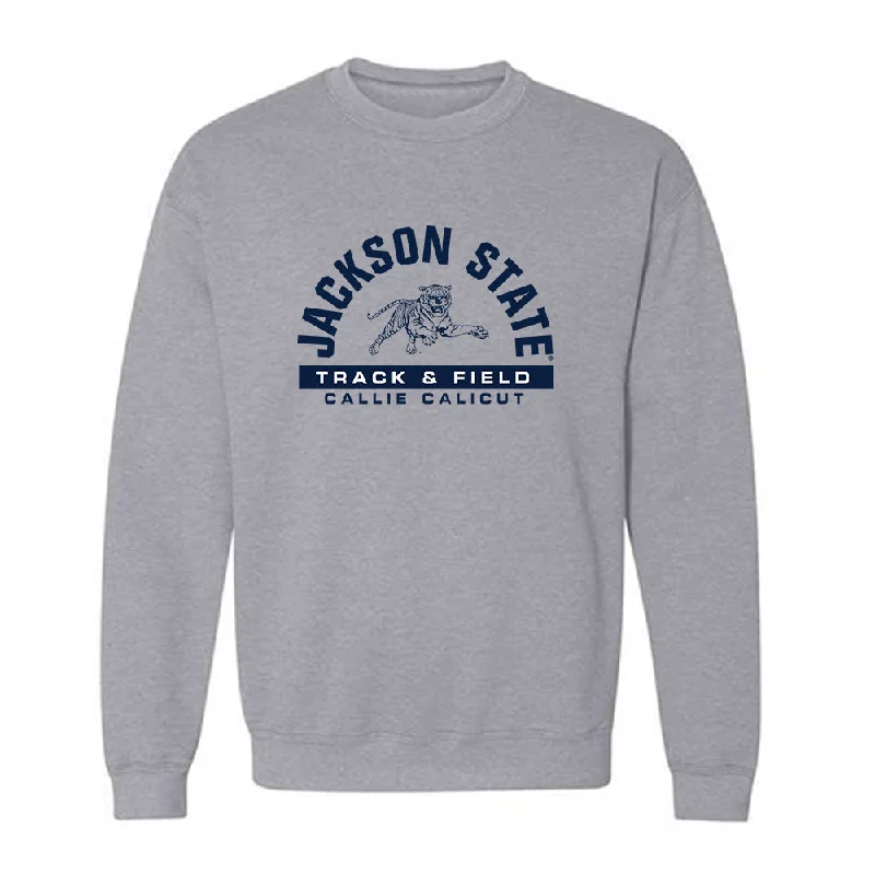Jackson State - NCAA Women's Track & Field : Callie Calicut - Classic Fashion Shersey Crewneck Sweatshirt Hoodie with Belted Waist Structured Tailored Jackson State - NCAA Women's Track & Field : Callie Calicut - Classic Fashion Shersey Crewneck Sweatshirt Hoodie with Belted Waist Structured Tailored