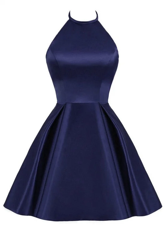 Navy Blue Cute Halter Satin Short Homecoming Dress, Blue Prom Dress Party Dress A-Line Day Work Navy Blue Cute Halter Satin Short Homecoming Dress, Blue Prom Dress Party Dress A-Line Day Work