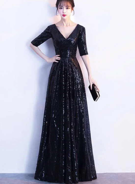 Black Sequins Floor Length 1/2 Sleeves Wedding Party Dress, Sequins Bridesmaid Dress Tunics New arrival Black Sequins Floor Length 1/2 Sleeves Wedding Party Dress, Sequins Bridesmaid Dress Tunics New arrival