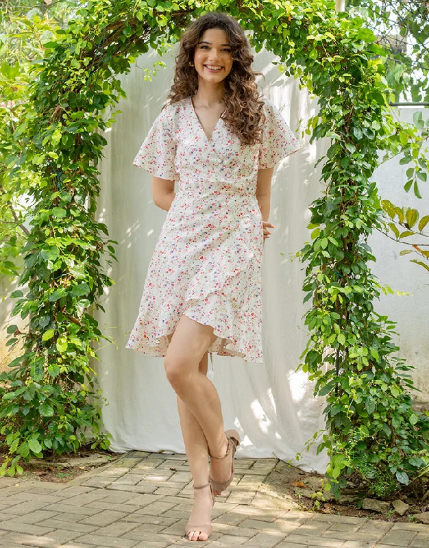 Printed Wrap Style Flared Sleeve Dress empire Waist empire