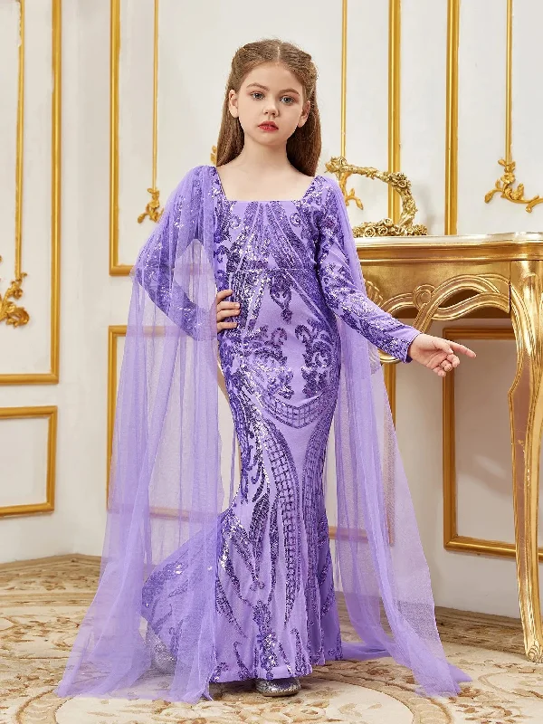 Tween Girls' Squaret Neck Long Sleeves Mermaid Hem Graphic Sequin Party Dress Halter Neckline Beach Tween Girls' Squaret Neck Long Sleeves Mermaid Hem Graphic Sequin Party Dress Halter Neckline Beach