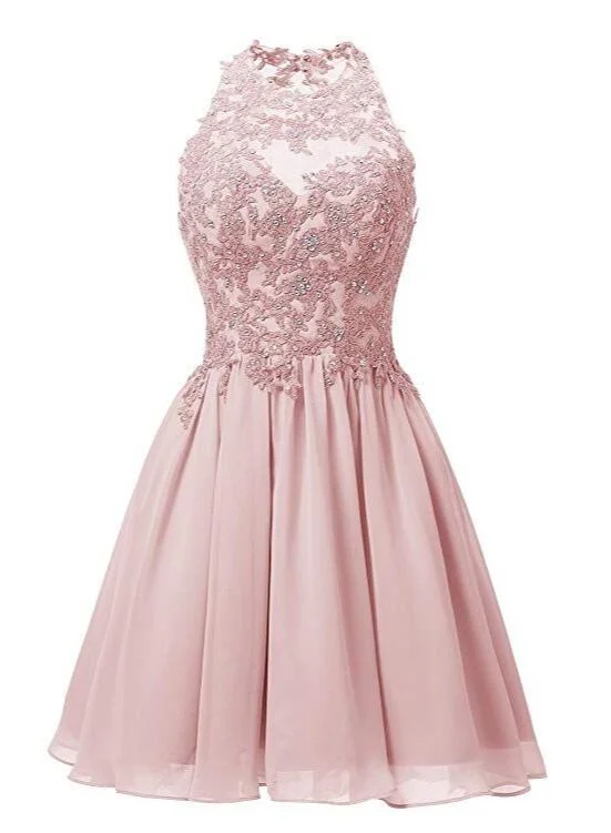 Light Pink Halter Chiffon Lace Applique Party Dress, Handmade Formal Dress Tunics Timeless classic Light Pink Halter Chiffon Lace Applique Party Dress, Handmade Formal Dress Tunics Timeless classic