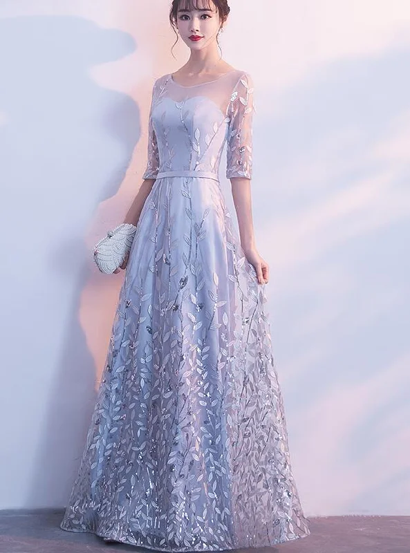 Grey A-line Tulle with Lace Short Sleeves Formal Dress, Grey Party Dress Evening Dress Tunics Print Colorful Grey A-line Tulle with Lace Short Sleeves Formal Dress, Grey Party Dress Evening Dress Tunics Print Colorful