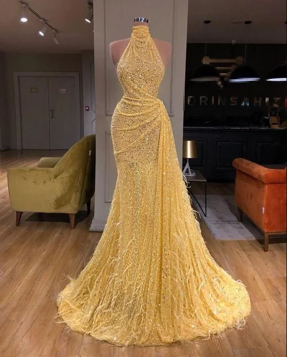 Sparkly Yellow High Neck Sleeveless Sequins Evening Dress Mermaid Prom Party Dress Y7712 Tunics Luxurious high-end Sparkly Yellow High Neck Sleeveless Sequins Evening Dress Mermaid Prom Party Dress Y7712 Tunics Luxurious high-end