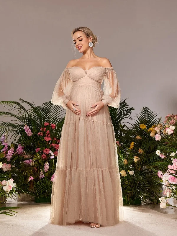 Maternity Off Shoulder Bishop Sleeves Tulle Party Dress Tunics Top rated