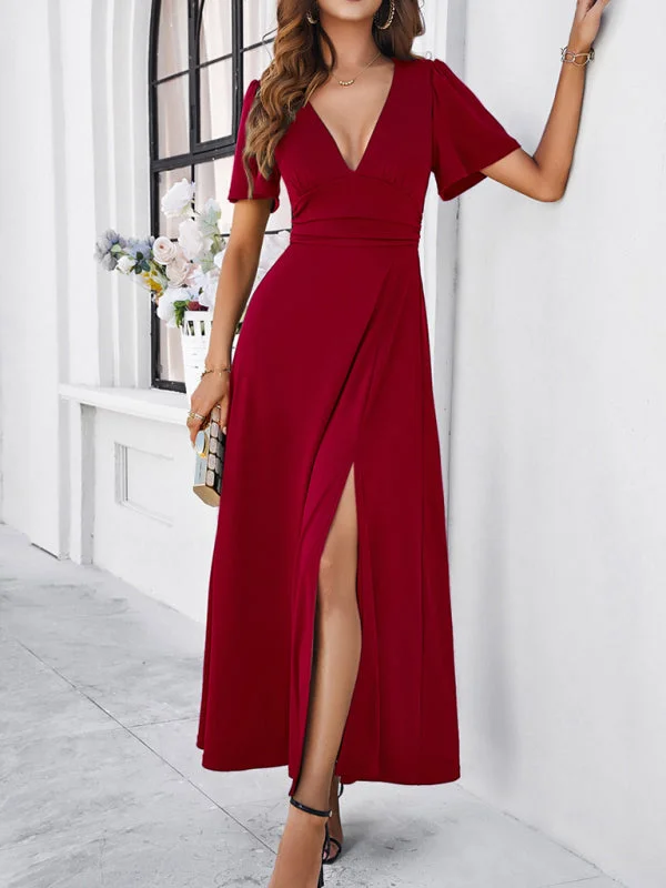 Women's new solid color V-neck waist dress Casual Short Summer