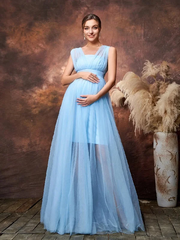 Maternity Plunging Neck Sleeveless Tulle Overlay Party Dress Tunics Occasion special Maternity Plunging Neck Sleeveless Tulle Overlay Party Dress Tunics Occasion special