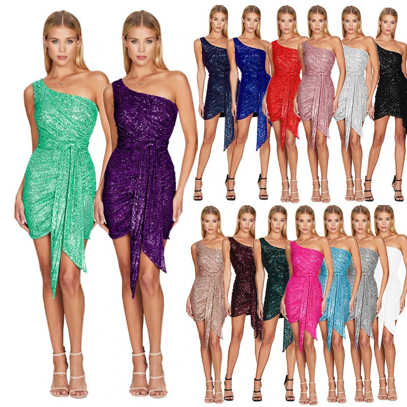 2024 plus size women ladies birthday red SEXY mini sequin one shoulder short wedding evening party dress dance gown with sequin Tunics Practical easy-care