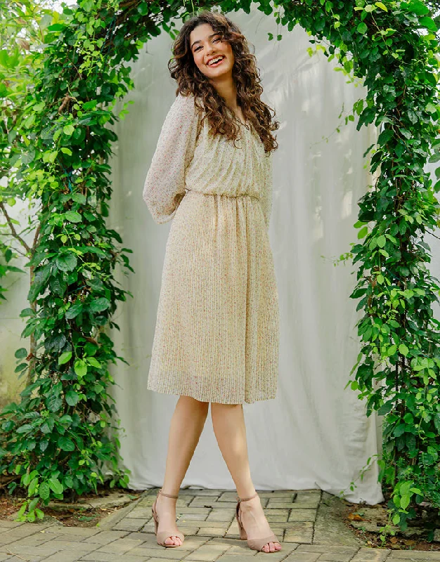 Printed Long Sleeve Pleated Dress Tunic Top Casual