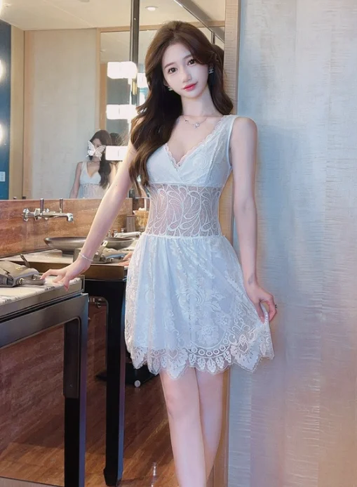 Stylish Sheer - bodice Ivory Lace Fit and Flare Dress Tunics Review highly