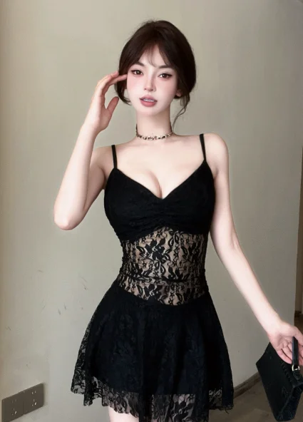 Stylish Sleeveless Black Floral Lace Babydoll Dress Tunics Review highly