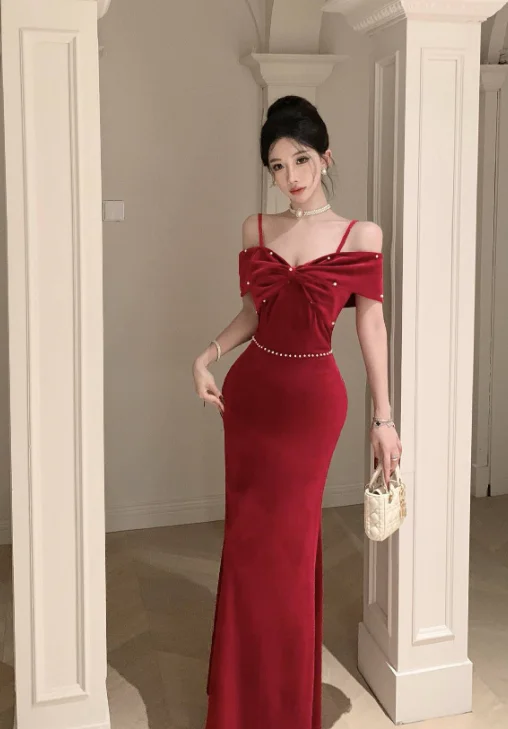 Stylish Strappy Red Mermaid Dress with Bow Detail Tunics Polka dots