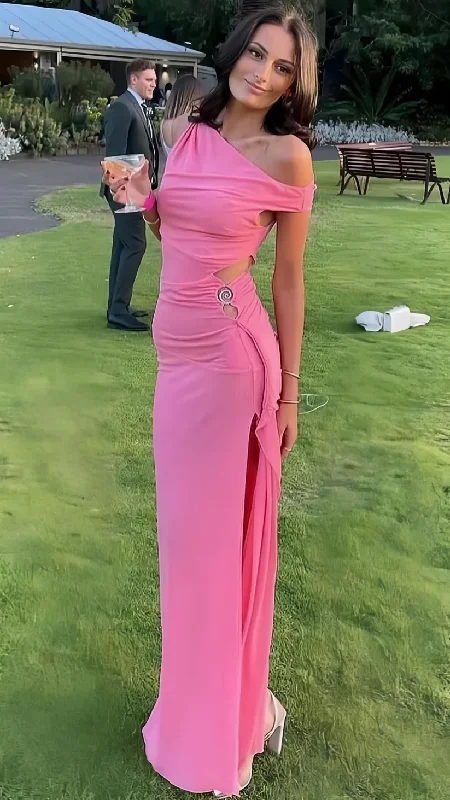 Unique Pink Off The Shoulder Chiffon Bodycon Long Party Dress,Slit Prom Evening Dress Y8024 Tunics Designer luxury Unique Pink Off The Shoulder Chiffon Bodycon Long Party Dress,Slit Prom Evening Dress Y8024 Tunics Designer luxury
